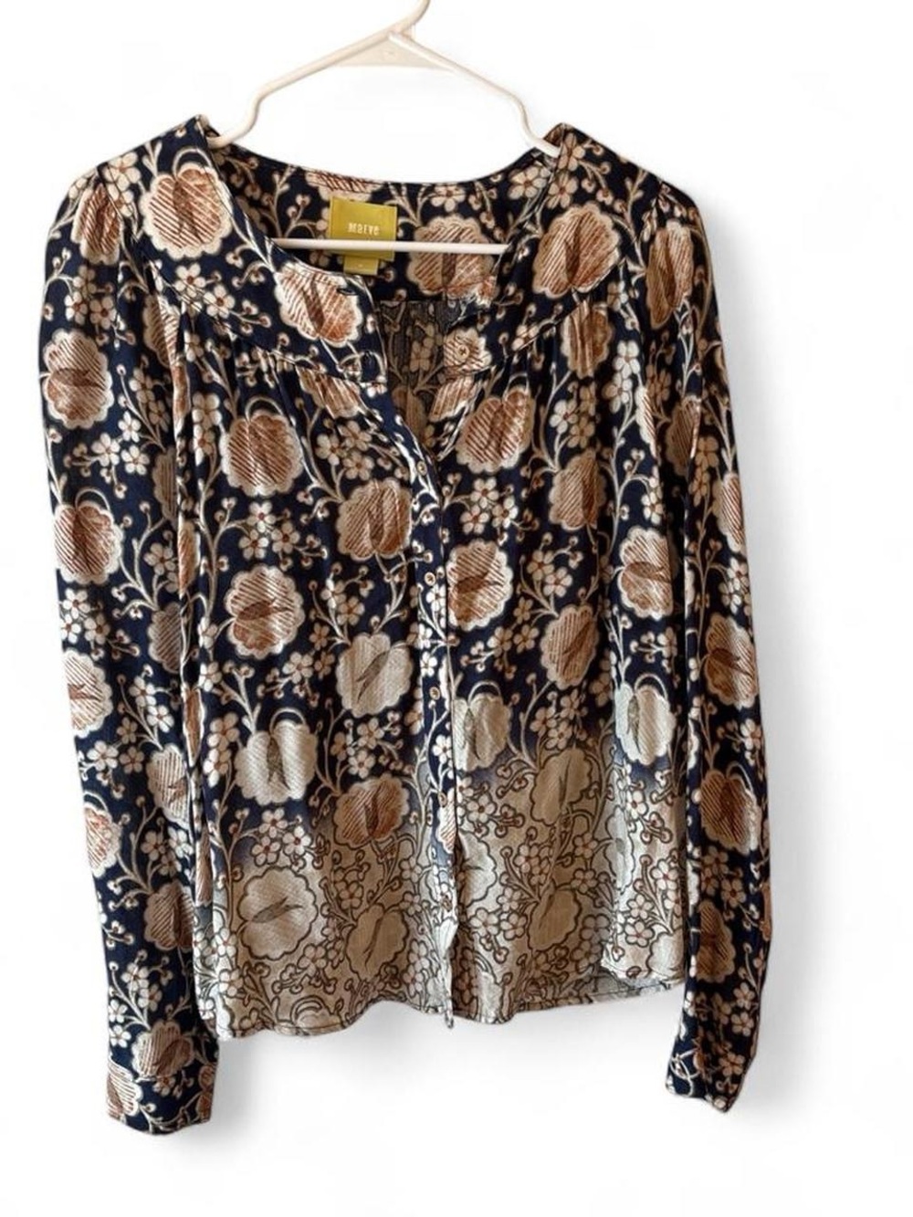 Maeve Navy and Tan Floral Button-Front Blouse